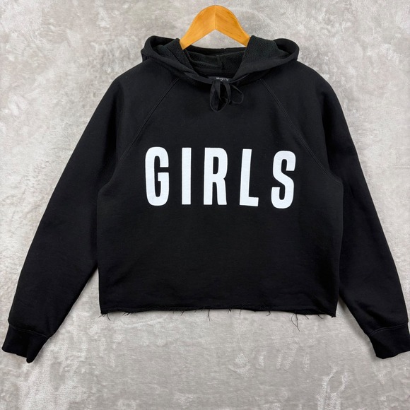 Brunette The Label Tops - Brunette The Label Hoodie Sweatshirt Black M L Girls Graphic Crop Raw Hem Edgy